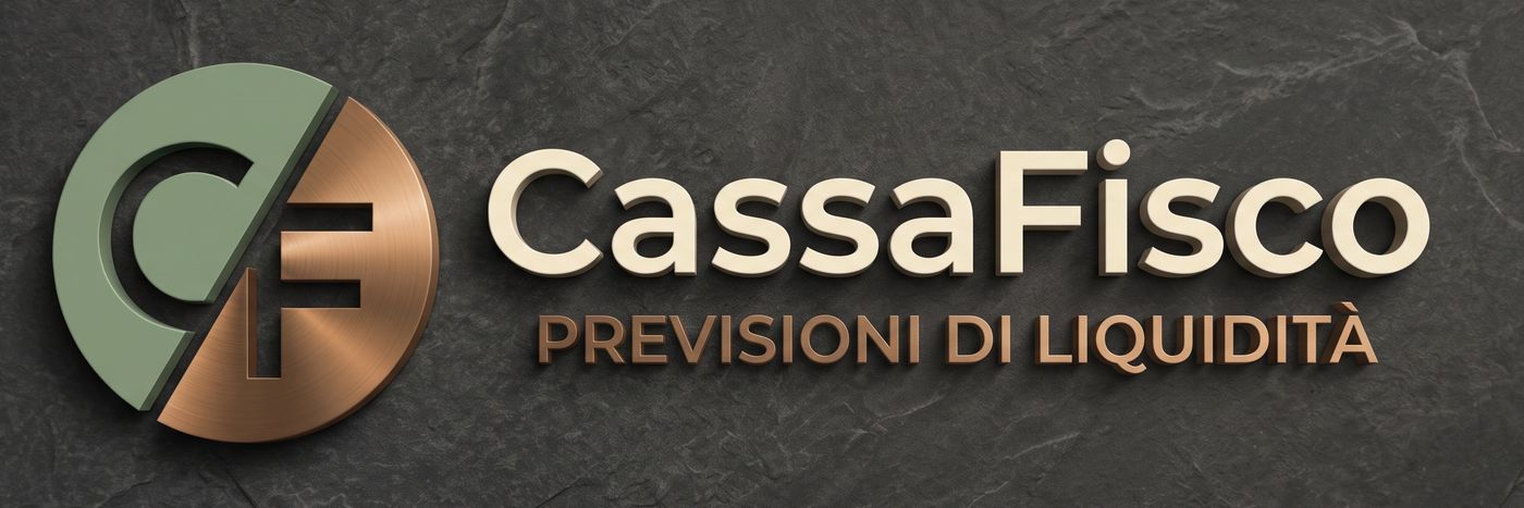 Logo CassaFisco: monogramma CF in verde salvia e rame su pietra scura, con la scritta Previsioni di liquidità