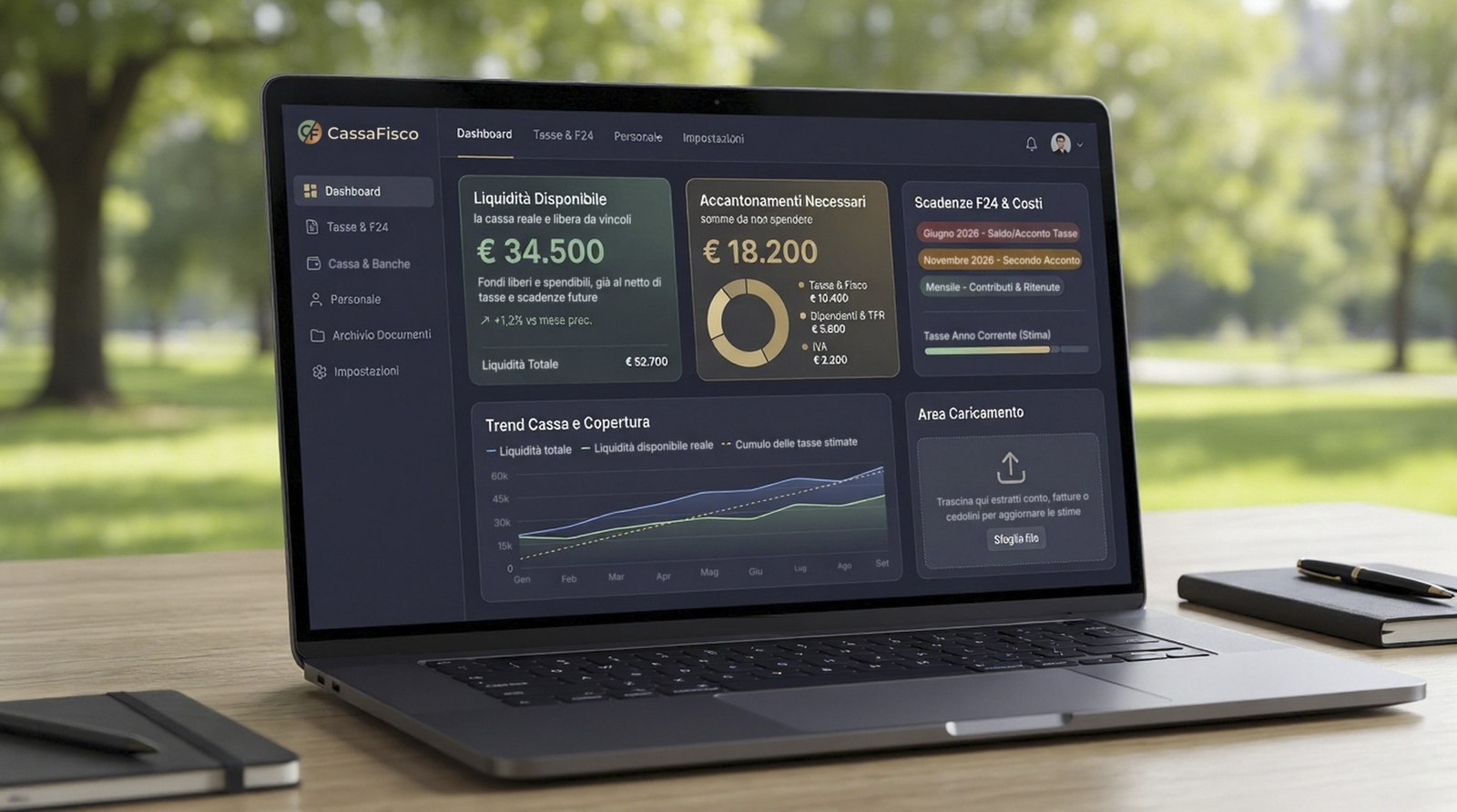 Computer portatile su una scrivania con la dashboard di CassaFisco: liquidità disponibile, accantonamenti necessari, scadenze F24 e andamento della cassa